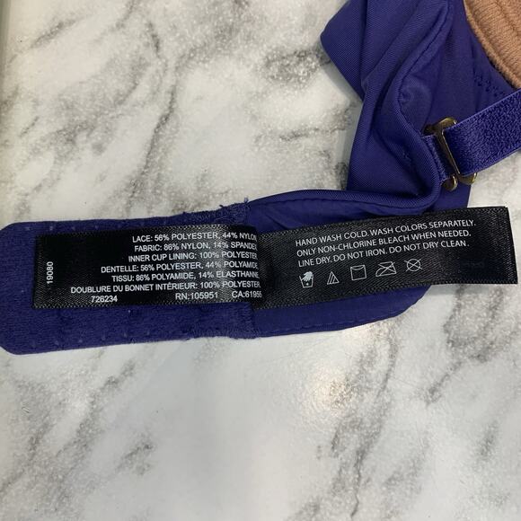 Natori Bra 32B Floral Lace See Through Padded Blue Yellow Brown Hook And Eye - Picture 7 of 7